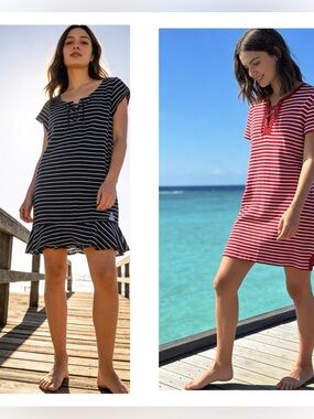 Chaps Striped Lace-Up Midi Dress in Black/White and Red/White